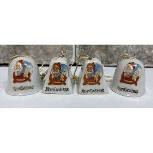 Vintage Merry Christmas 1" Mini Ceramic Porcelain Ornament Bell  Japan Lot Of 4